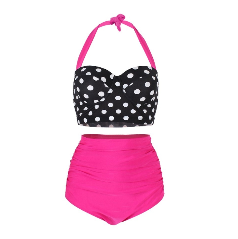 50's Women Swimsuit, Swimwear, Bikini Set, Pink Polkadot High Waist Halter Neck